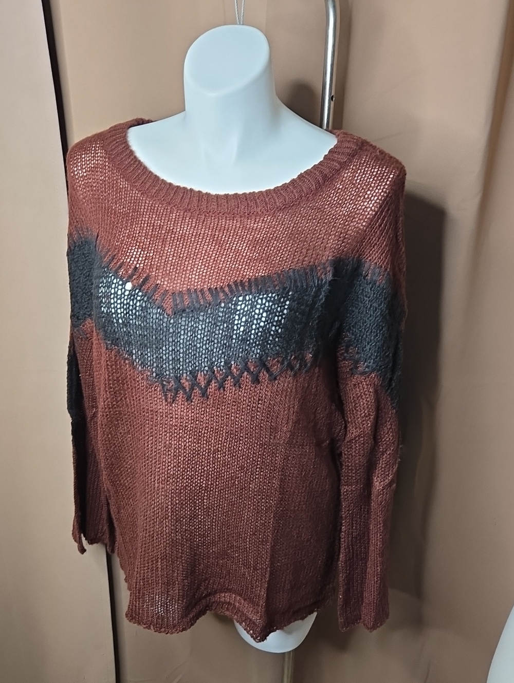 Moon River Rust Scoop Neck Sweater with Charcoal Chevron